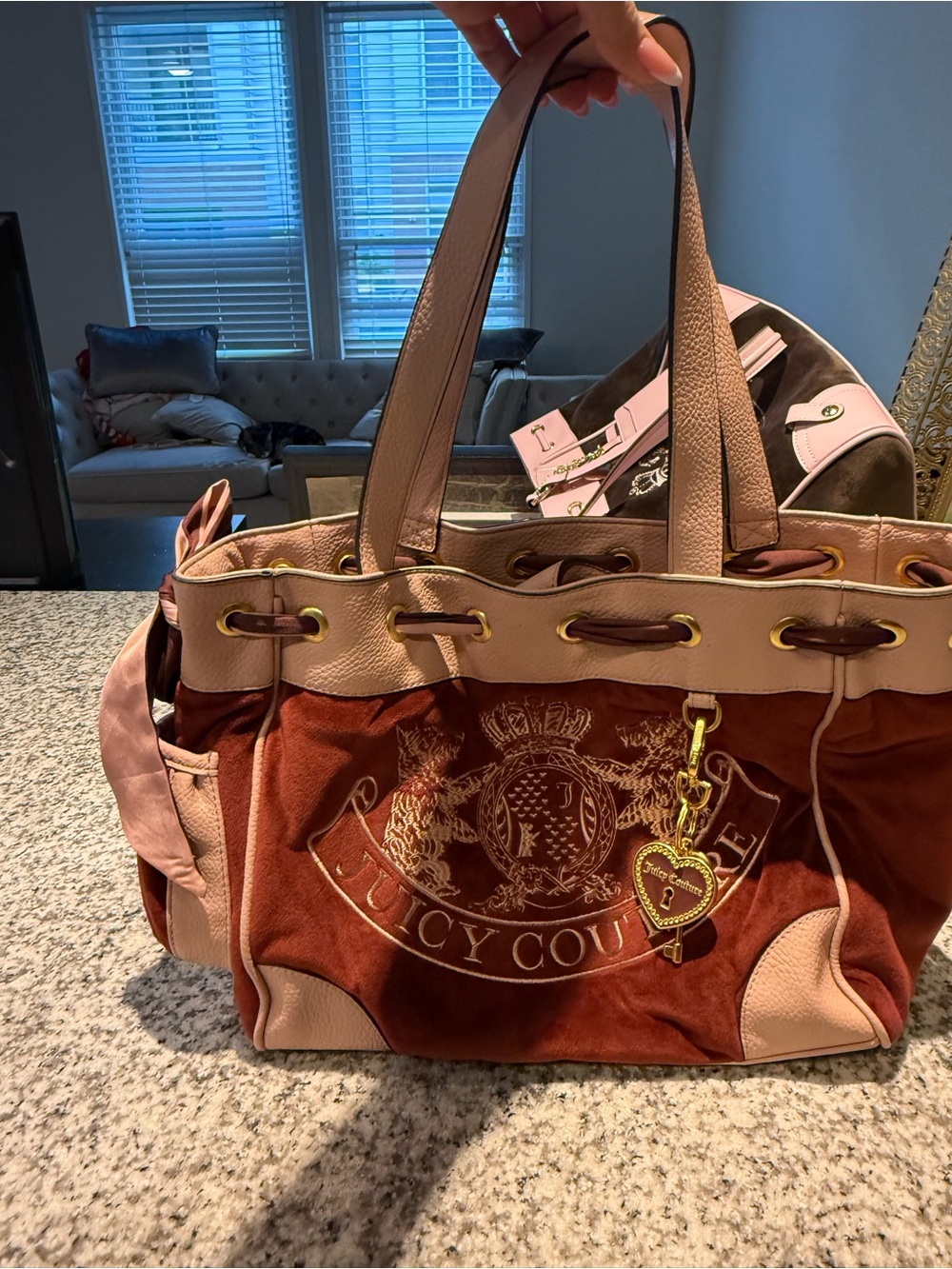 Juicy Couture Pink and Rust Suede Logo Tote with Gold Charm UK exclusive 🇬🇧